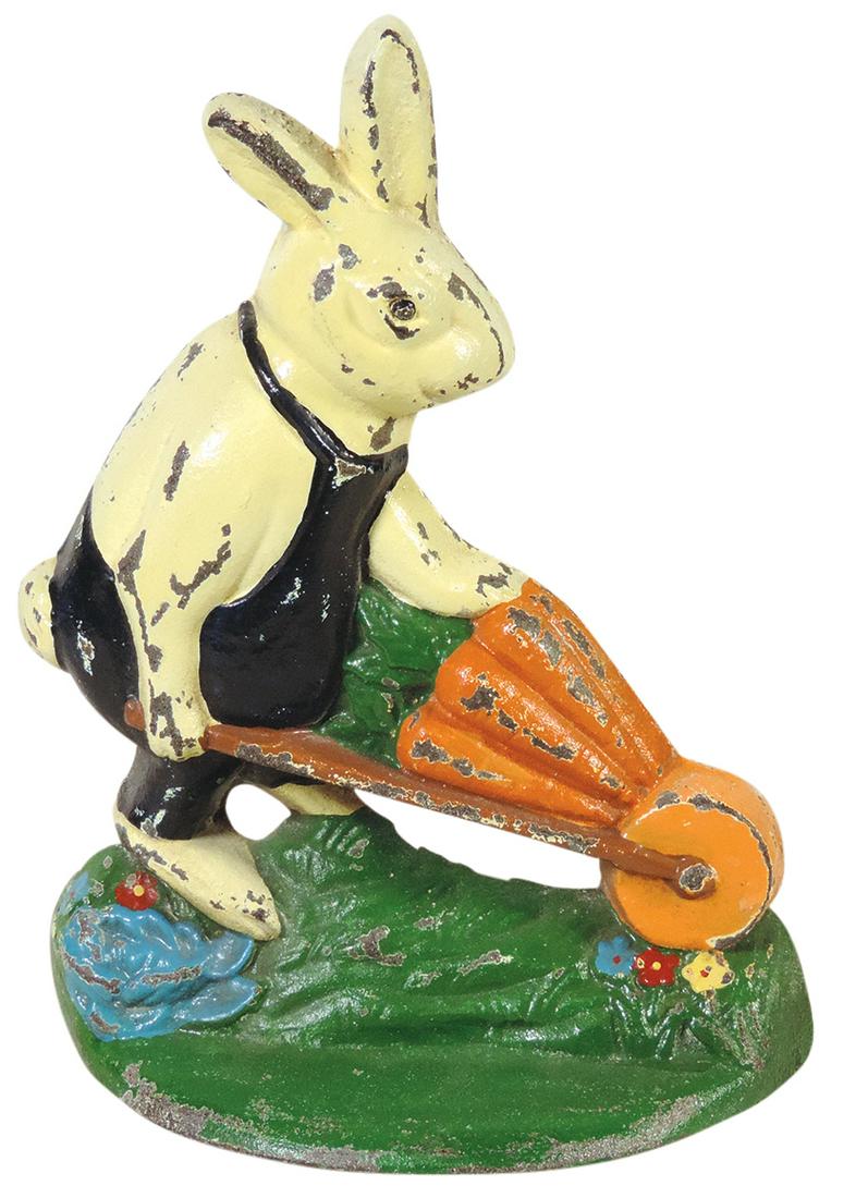 Doorstop, Peter Rabbit With Carrots, polychrome cast iron, VG+ orig cond & finish, 9"H x 6.75"W.: Doorstop, Peter Rabbit With Carrots, polychrome cast iron, VG+ orig cond & finish, 9"H x 6.75"W.