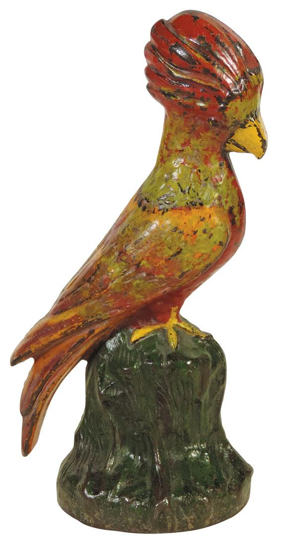 Doorstop, Red Cockatoo, mfgd by Albany Foundry-Albany NY, polychrome cast iron, VG+ cond w/some: Doorstop, Red Cockatoo, mfgd by Albany Foundry-Albany NY, polychrome cast iron, VG+ cond w/some paint wear, 12"H.