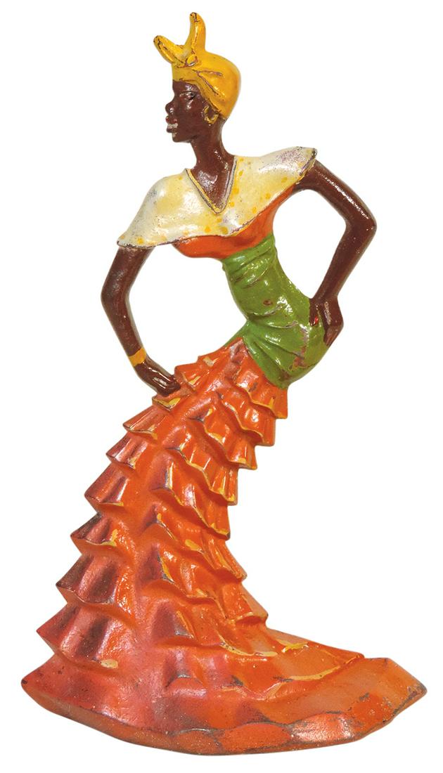 Doorstop, Rumba Dancer w/coral colored skirt, cast iron, mfgd by Judd Co., Exc cond w/some light: Doorstop, Rumba Dancer w/coral colored skirt, cast iron, mfgd by Judd Co., Exc cond w/some light wear, 11.25"H.
