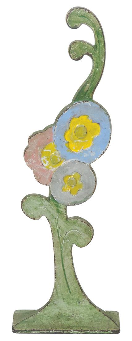 Doorstop, Art Deco Flowers, cast iron, mfgd by LVL, polychrome flat cast w/embossed accents & wedge: Doorstop, Art Deco Flowers, cast iron, mfgd by LVL, polychrome flat cast w/embossed accents & wedge back, VG cond w/overall wear, 13.75"H.