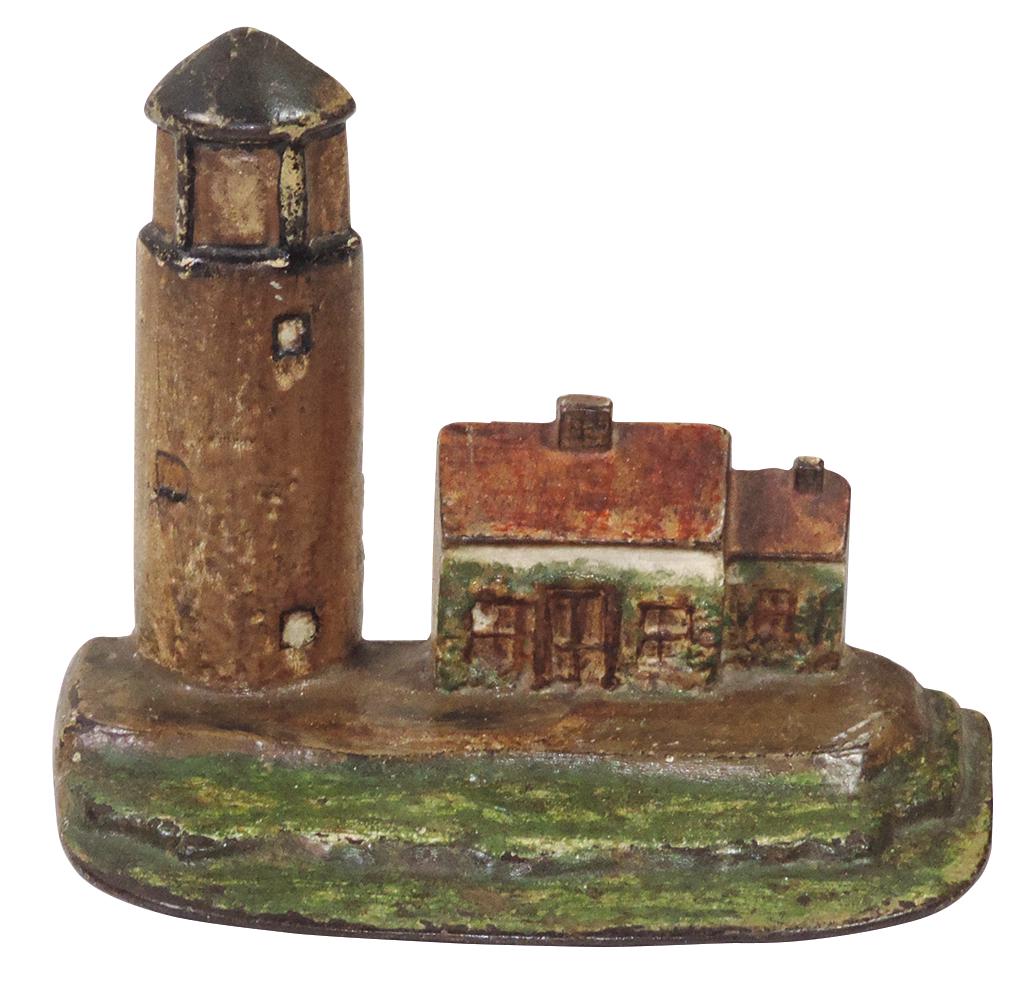 Doorstop, Lighthouse, mfgd by National Foundry, polychrome cast iron scene w/cottage, Exc cond: Doorstop, Lighthouse, mfgd by National Foundry, polychrome cast iron scene w/cottage, Exc cond w/orig paint, scattered chips & rubbed wear, 6.25"H.