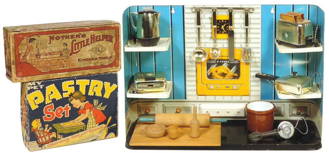 Child's Kitchen & Cookware (11), litho on tin kitchen w/4 plug-in appliances by Betty Ware, boxed: Child's Kitchen & Cookware (11), litho on tin kitchen w/4 plug-in appliances by Betty Ware, boxed Mother's Little Helper by A&J & boxed My Pet Pastry Set by Transogram, VG cond w/normal wear, largest