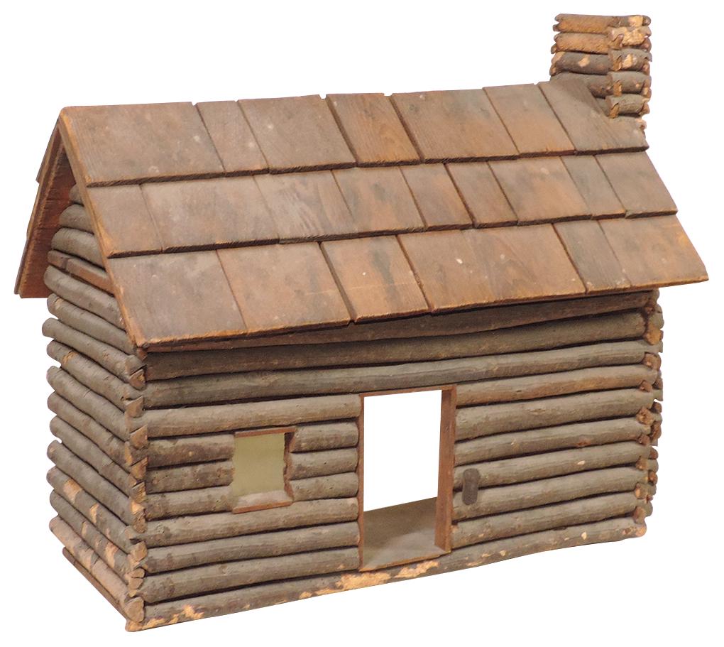 Child's Log Cabin Doll House, notched log construction w/wood shake roof, early 20th C., VG cond: Child's Log Cabin Doll House, notched log construction w/wood shake roof, early 20th C., VG cond w/partial loss to edge of floor & scattered bark, 21"H x 24"W x 10"D.