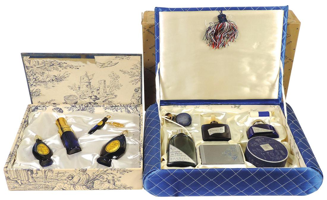 Ladies Fashion Perfume Sets (2), Evening In Paris 6-piece set in orig blue satin dresser case & cdbd: Ladies Fashion Perfume Sets (2), Evening In Paris 6-piece set in orig blue satin dresser case & cdbd box, Mod. U223 & 4-bottle set in case, Exc & VG cond, several w/orig contents unused, larger 10.5"H