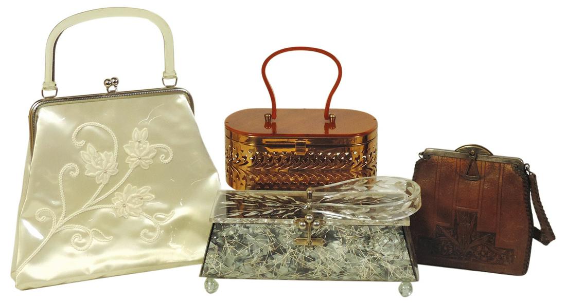 Ladies Fashion Hand Bags (4), Scarce 1950s Lucite confetti bag by Florida w/carved panel top, faux: Ladies Fashion Hand Bags (4), Scarce 1950s Lucite confetti bag by Florida w/carved panel top, faux tortoise & pierced copper bag, plastic covered embroidered purse & Arts & Crafts carved leather purse