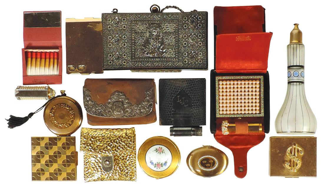 Ladies Vanity & Cosmetics (14), leather coin purse w/sterling mounts by Whiting, silvered: Ladies Vanity & Cosmetics (14), leather coin purse w/sterling mounts by Whiting, silvered Persian-style purse, 5 diff compacts incl guilloche enamel, Czech scent bottle, matchbook of lipstick & other 