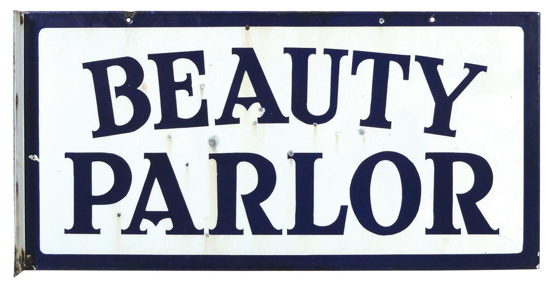 Beauty Parlor Sign, DSP flange, c.1930, VG cond w/scattered dings to field & chips to flange bottom: Beauty Parlor Sign, DSP flange, c.1930, VG cond w/scattered dings to field & chips to flange bottom (one side displays better), 12"H x 24"W.