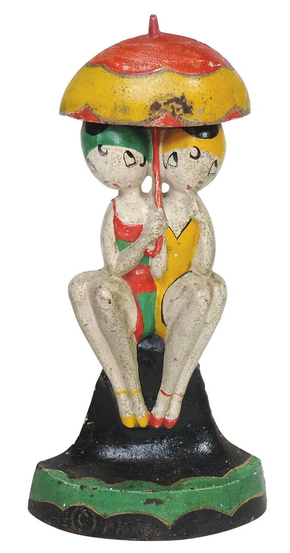 Doorstop, Rare Bathing Beauties, stylized Art Deco cast iron polychrome figure, mfgd by Hubley after: Doorstop, Rare Bathing Beauties, stylized Art Deco cast iron polychrome figure, mfgd by Hubley after design by Anne Fish, embossed "Fish" & mold #250, VG+ cond w/orig paint, 11"H.