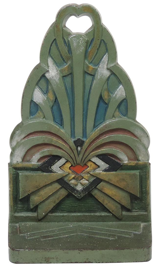 Doorstop, Art Deco Arches, cast iron mfgd by Bradley & Hubbard w/impressed logo on verso, polychrome: Doorstop, Art Deco Arches, cast iron mfgd by Bradley & Hubbard w/impressed logo on verso, polychrome finish, Near Mint cond w/loss to rear rubber bumpers, 8"H.