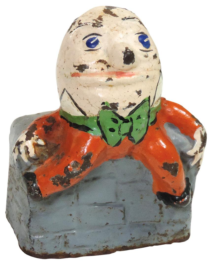 Doorstop, Humpty-Dumpty, polychrome cast iron nursery rhyme figure falling off wall, VG cond w/orig: Doorstop, Humpty-Dumpty, polychrome cast iron nursery rhyme figure falling off wall, VG cond w/orig paint, 4.5"H.