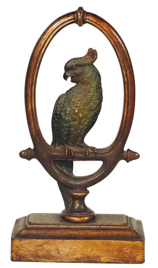 Doorstop, Parrot On Perch, mfgd by Bradley & Hubbard w/embossed logo, 2-sided polychrome & gilt cast: Doorstop, Parrot On Perch, mfgd by Bradley & Hubbard w/embossed logo, 2-sided polychrome & gilt cast iron, Exc cond w/some handling wear, 13.5"H.