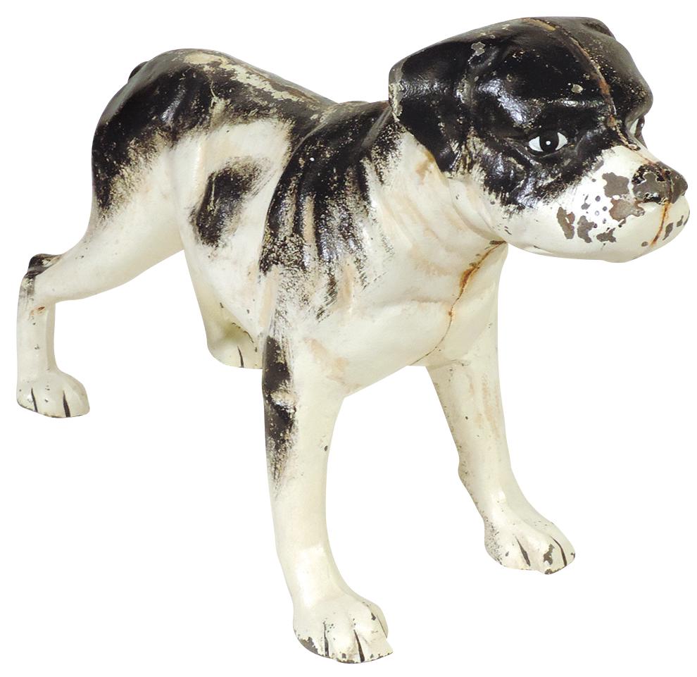 Doorstop, Rare Oversized American Boston Terrier, full figure hollow body, early 20th C. cast iron: Doorstop, Rare Oversized American Boston Terrier, full figure hollow body, early 20th C. cast iron w/orig paint, VG+ cond w/some wear & flaking, 10.5"H x 16"W.