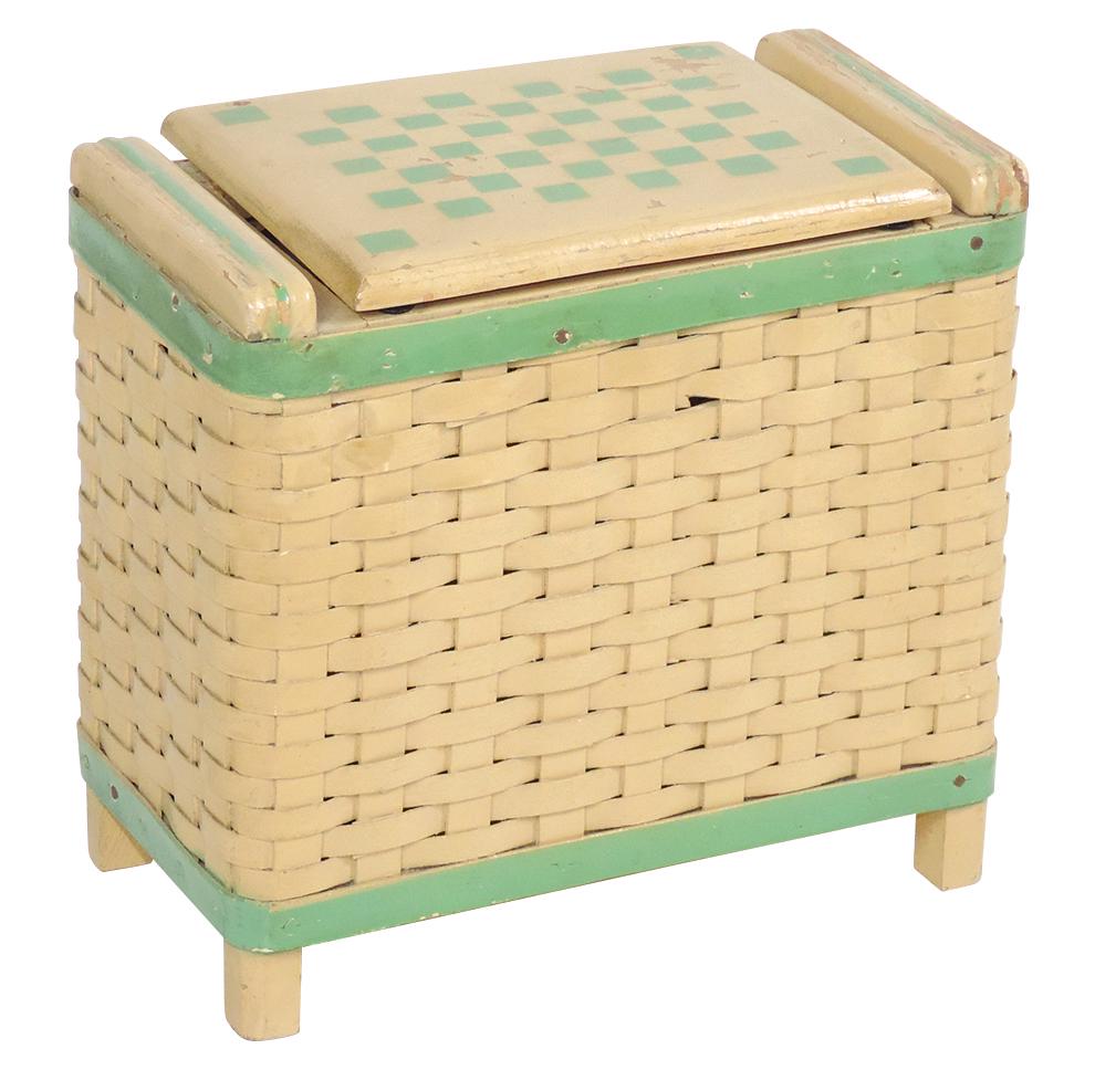 Salesman's Sample Hamper, Rare, inside label reads "Hawkeye Baskets-America's Most Beautiful Line,: Salesman's Sample Hamper, Rare, inside label reads "Hawkeye Baskets-America's Most Beautiful Line, Burlington Basket Co.-Burlington, Iowa", wood & wicker w/handles & painted checkerboard design on hin