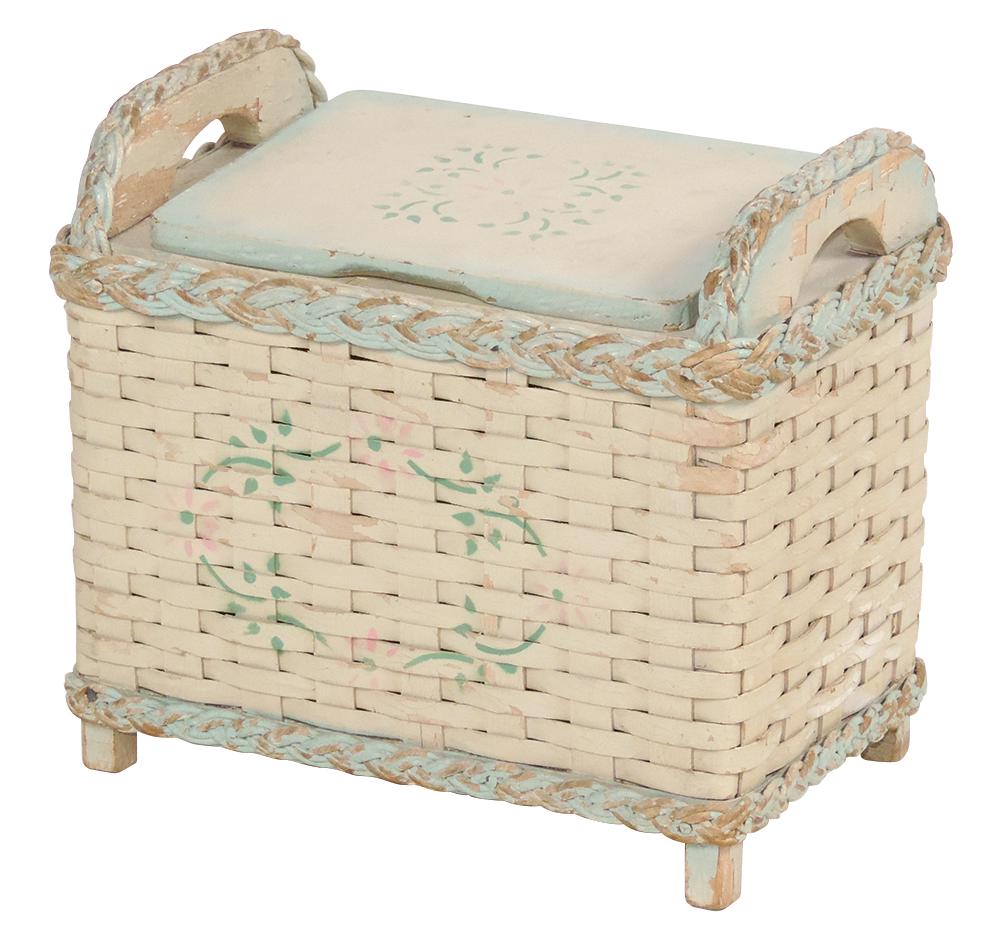 Salesman's Sample Hamper, Rare, inside label reads "Hawkeye Baskets-America's Most Beautiful Line,: Salesman's Sample Hamper, Rare, inside label reads "Hawkeye Baskets-America's Most Beautiful Line, Burlington Basket Co.-Burlington, Iowa", wood & wicker w/handles & painted florals on hinged lid & fr