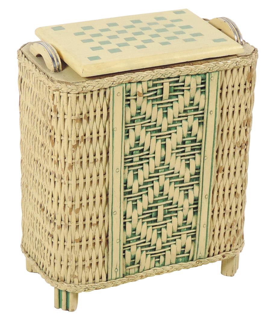 Salesman's Sample Hamper, Rare, label inside lid reads "Hawkeye Baskets-America's Line,: Salesman's Sample Hamper, Rare, label inside lid reads "Hawkeye Baskets-America's Most Beautiful Line, Burlington Basket Co.-Burlington, Iowa", wicker w/geometric center panel, solid wood top & bottom