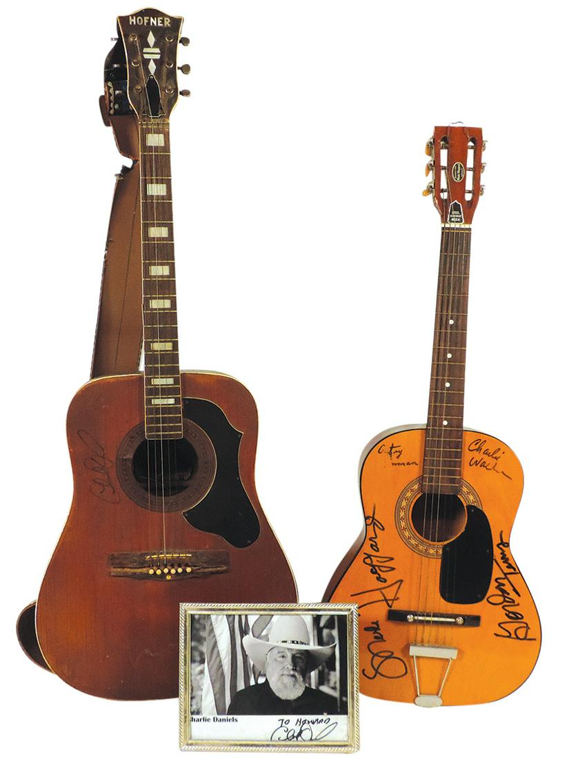 Entertainment (3), Charlie Daniels Autographed Hofner acoustic guitar, B & W signed: Entertainment (3), Charlie Daniels Autographed Hofner acoustic guitar & B & W signed photo inscribed to "Howard" & unlabeled guitar w/6 autographs incl Merle Haggard, Gordon Terry, Charlie Walker, Lou