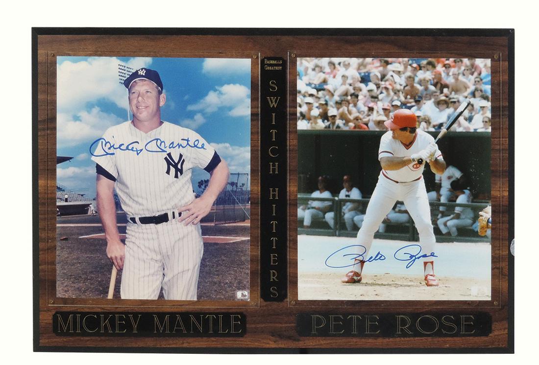Baseball Autographs (2), Mickey Mantle & Pete Rose, "Baseballs Greatest Switch Hitters" color: Baseball Autographs (2), Mickey Mantle & Pete Rose, "Baseballs Greatest Switch Hitters" color photographs w/MLB seals lower right, ea signed in blue felt tip & framed as a pair, Exc cond, 13.5"H x 20"