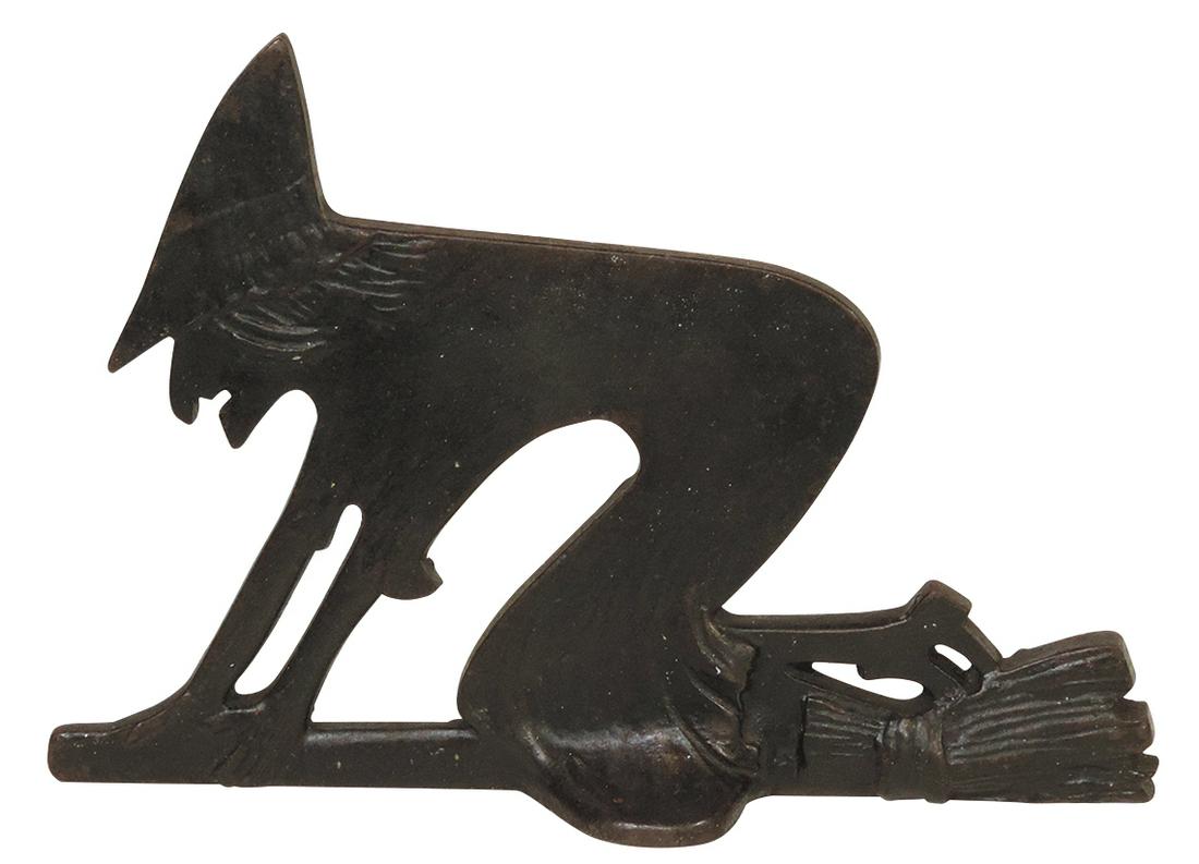 Doorstop or Boot Scraper, Witch On Broom, cast iron, mfgd by Albany Foundry-Albany, NY, Exc cond,: Doorstop or Boot Scraper, Witch On Broom, cast iron, mfgd by Albany Foundry-Albany, NY, Exc cond, 7"H x 10.5"W.