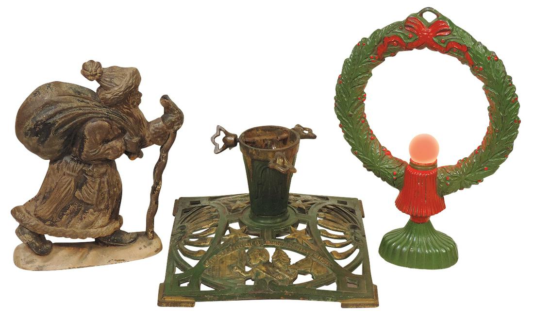 Christmas Decor (3), German tree stand, polychrome wreath window lamp & Santa Doorstop, all cast: Christmas Decor (3), German tree stand, polychrome wreath window lamp & Santa Doorstop, all cast iron, VG to Exc cond, largest 12"H.