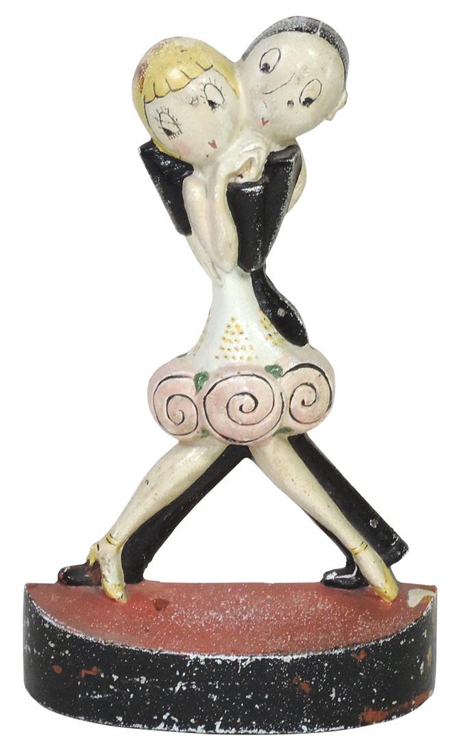 Doorstop, Rare Charleston Dancers, stylized Art Deco polychrome cast iron figures mfgd by Hubley: Doorstop, Rare Charleston Dancers, stylized Art Deco polychrome cast iron figures mfgd by Hubley after design by Anne Fish, inscribed "Fish", VG+ cond w/orig paint, 8.75"H.