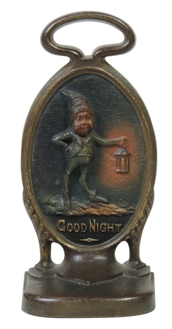 Doorstop, Good Night, cast iron medallion shape w/handle depicting Brownie w/lantern, mfgd by: Doorstop, Good Night, cast iron medallion shape w/handle depicting Brownie w/lantern, mfgd by Bradley & Hubbard, impressed logo on verso, Near Mint cond w/orig finish, 8"H.