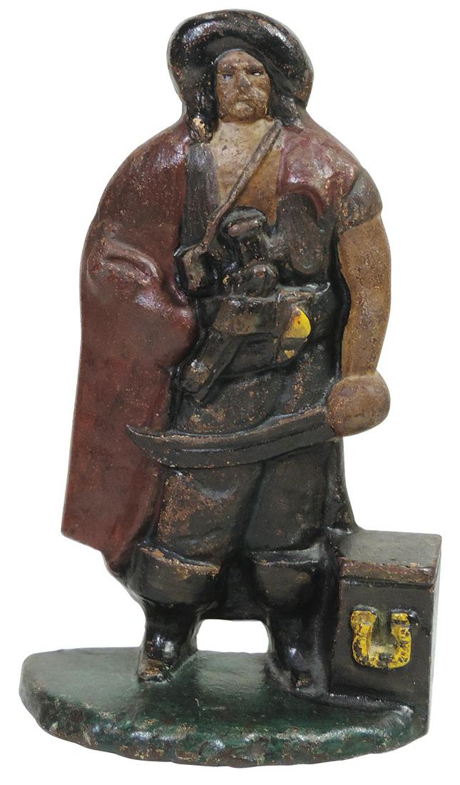 Doorstop, Rare Pirate By Treasure, mfgd by Albany Foundry Co., impressed maker & mold #198,: Doorstop, Rare Pirate By Treasure, mfgd by Albany Foundry Co., impressed maker & mold #198, polychrome cast iron figure, VG cond w/orig paint, 9.75"H.