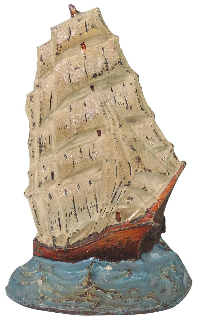 Doorstop, Sailing Ship, polychrome cast iron ship on waves, mfgd by Eastern Specialty Mfg Co.,: Doorstop, Sailing Ship, polychrome cast iron ship on waves, mfgd by Eastern Specialty Mfg Co., embossed on verso w/name & "No. 21", VG cond w/orig paint, 9"H.
