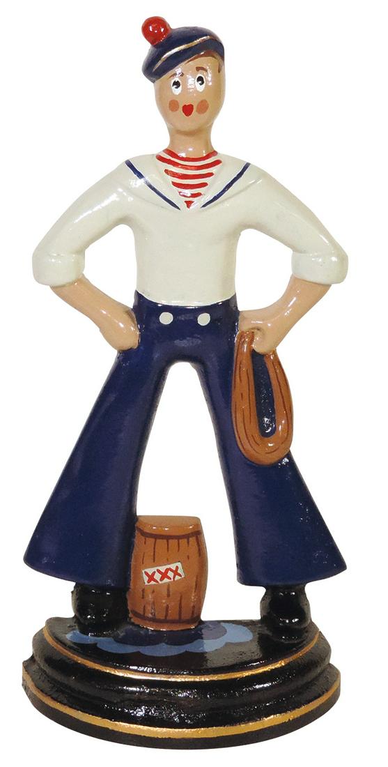 Doorstop, Sailor With Keg, cast iron, mfgd by Littco, well decorated prof repaint, Exc cond, 11.5"H.: Doorstop, Sailor With Keg, cast iron, mfgd by Littco, well decorated prof repaint, Exc cond, 11.5"H.