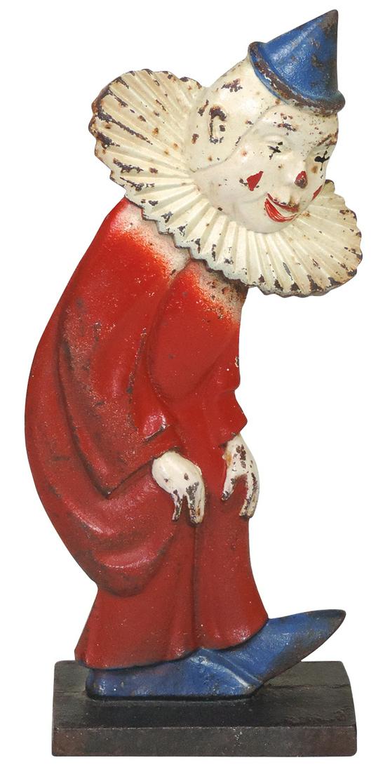 Doorstop, The Clown, Rare double-sided polychrome cast iron figure of clown w/hands on knees, VG+ to: Doorstop, The Clown, Rare double-sided polychrome cast iron figure of clown w/hands on knees, VG+ to Exc cond w/orig paint, 10.25"H.