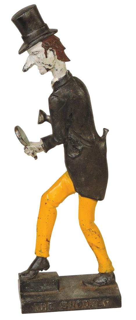 Doorstop, The Snooper, flat cast iron w/embossed features & polychrome both sides, VG+ cond, 13.5".: Doorstop, The Snooper, flat cast iron w/embossed features & polychrome both sides, VG+ cond, 13.5"H.