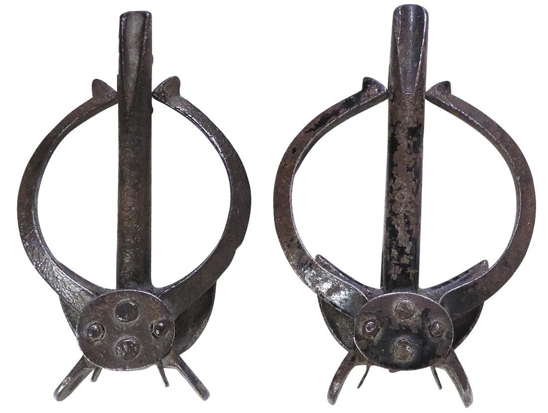 Western Memorabilia (2), pr of Rare forged iron Ox Bow pins, mid 19th Century w/spring loaded clips,: Western Memorabilia (2), pr of Rare forged iron Ox Bow pins, mid 19th Century w/spring loaded clips, VG cond, 1 w/remnants of orig paint, ea 4.25"L.