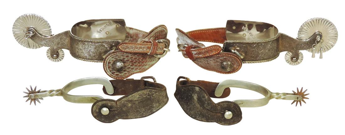 Western Spurs (2 pr), E. Garcia signed parade w/engraved silvered outer panels, dangle bells &: Western Spurs (2 pr), E. Garcia signed parade w/engraved silvered outer panels, dangle bells & tooled leather clasps & antique cowboy w/engraved designs stamped Star Steel Silver, VG cond, larger 10"L