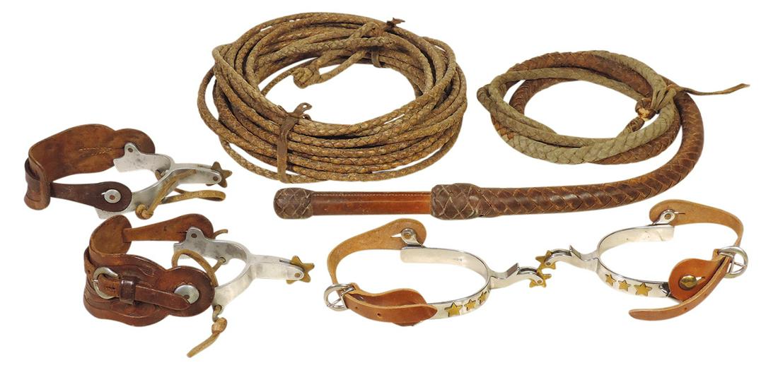 Western Spurs, Lariat & Whip (4), vintage braided leather bull whip w/leather wrapped handle & gray: Western Spurs, Lariat & Whip (4), vintage braided leather bull whip w/leather wrapped handle & gray leather tail (10'4"L), 50ft braided leather lariat, pair of spurs w/brass mounted stars stamped Sims