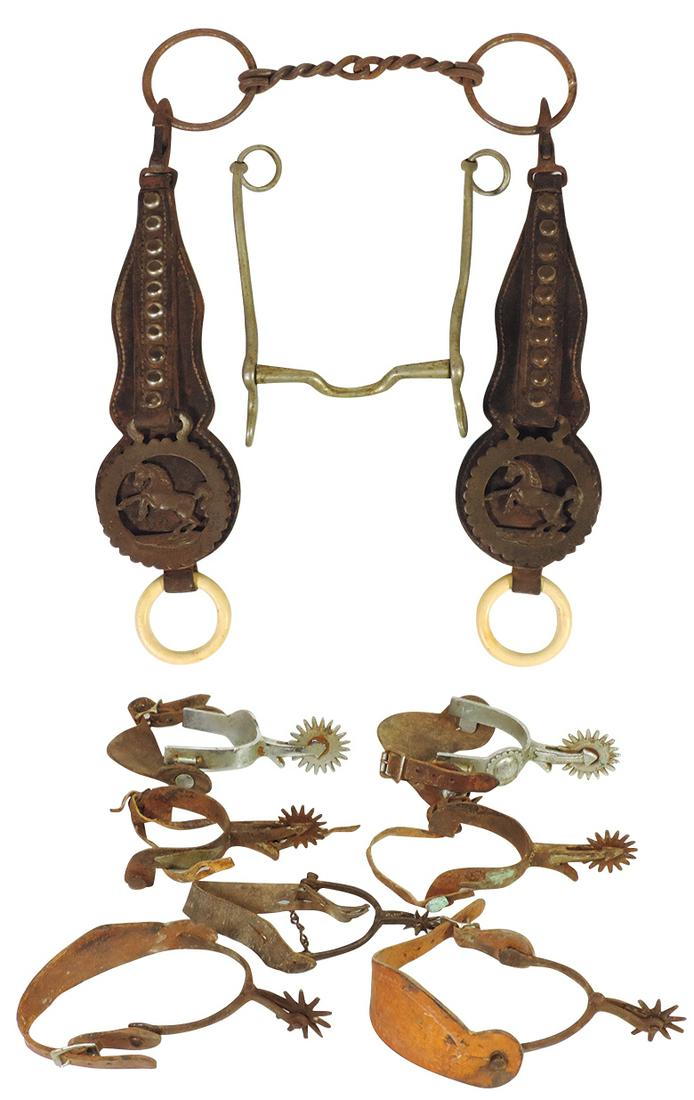 Western Tack & Spurs (11), pr leather headstalls w/bronze rearing horse rosettes, 2 bits, 2 pr early: Western Tack & Spurs (11), pr leather headstalls w/bronze rearing horse rosettes, 2 bits, 2 pr early wrought iron spurs, pr nickel-plated spurs & single 19th C. wrought spur, most Good+ cond w/various
