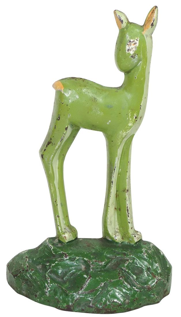 Doorstop, Art Deco Fawn No. 9, cast iron mfgd by Taylor Cook 1930, stylized polychrome, VG+ cond: Doorstop, Art Deco Fawn No. 9, cast iron mfgd by Taylor Cook 1930, stylized polychrome, VG+ cond w/orig paint, 10"H.