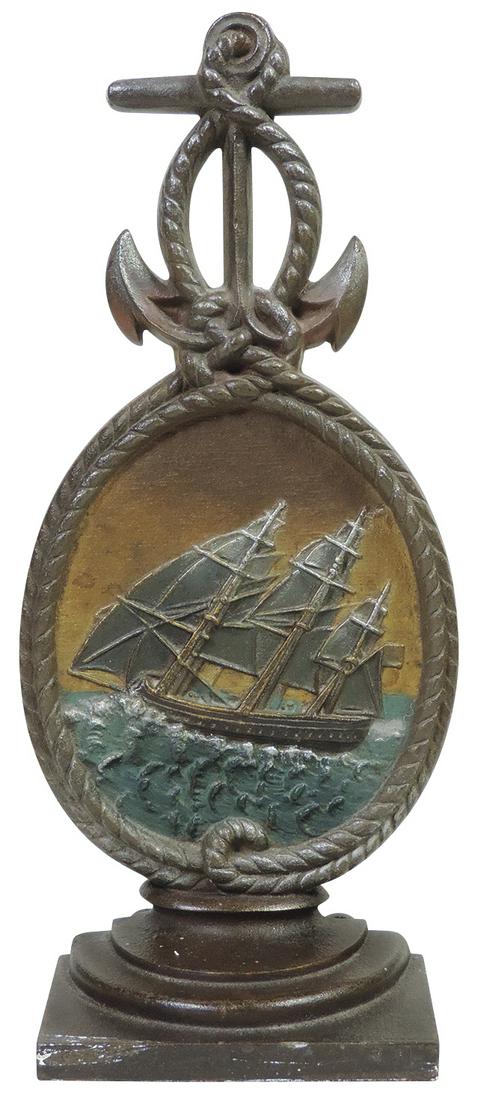 Doorstop, Clipper Ship in rope medallion w/anchor handle, cast iron, mfgd by Bradley & Hubbard,: Doorstop, Clipper Ship in rope medallion w/anchor handle, cast iron, mfgd by Bradley & Hubbard, impressed logo on verso, Exc+ cond w/orig finish, 11.25"H.