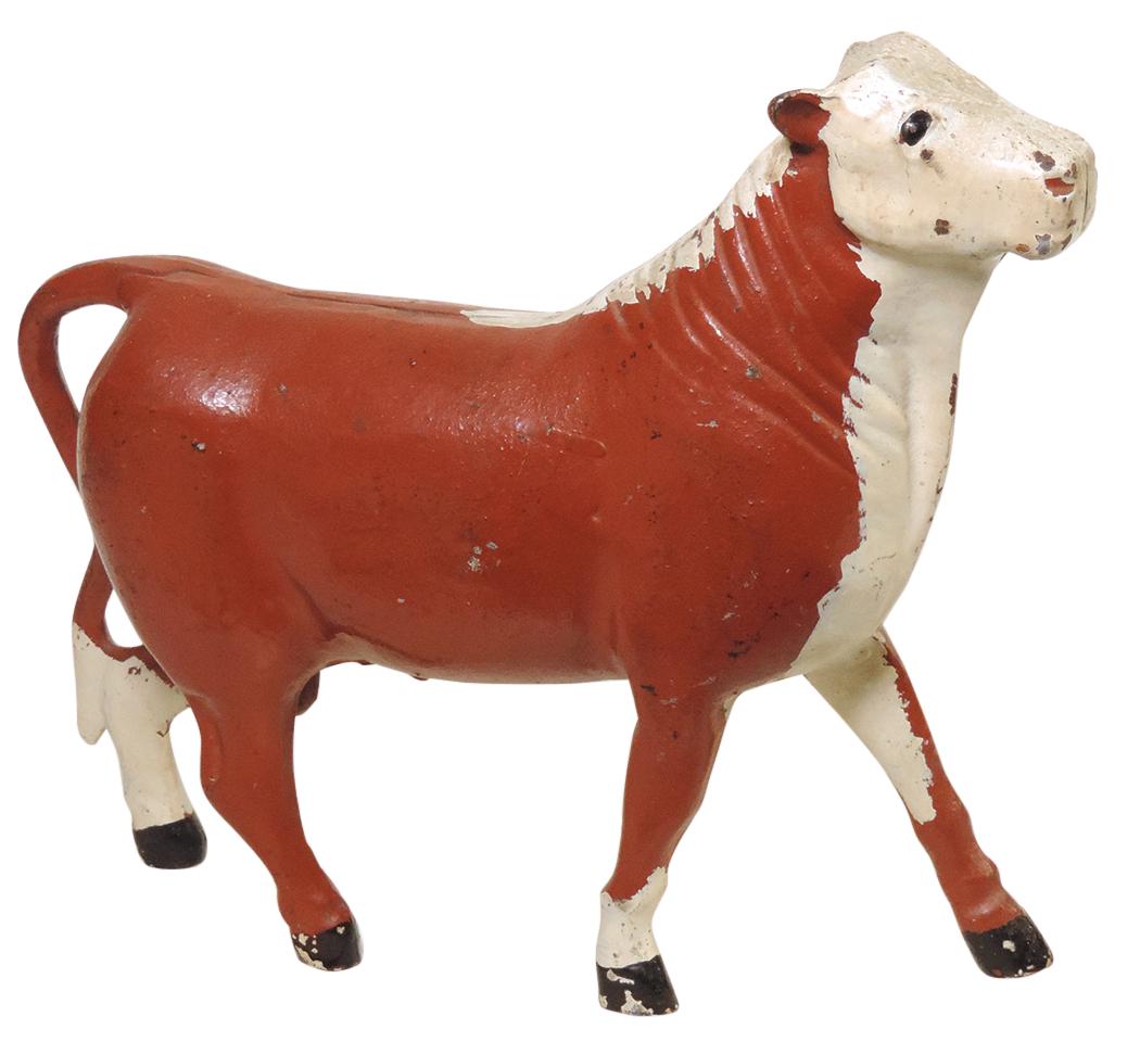 Doorstop, Full Figure Bull, cast iron, VG cond noting early repaint & no horns, 11.5"H.: Doorstop, Full Figure Bull, cast iron, VG cond noting early repaint & no horns, 11.5"H.