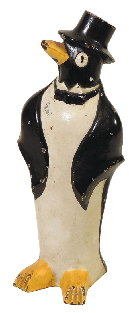 Doorstop, Penguin with Top hat, cast iron 2-pc body mfgd by Hubley, Exc cond w/few paint nicks &: Doorstop, Penguin with Top hat, cast iron 2-pc body mfgd by Hubley, Exc cond w/few paint nicks & scrapes, 10"H.