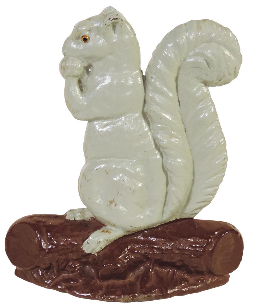 Doorstop, Squirrel On Log, glass eyes, cast iron w/earlier repaint, c.1900, Exc cond, 10.75"T.: Doorstop, Squirrel On Log, glass eyes, cast iron w/earlier repaint, c.1900, Exc cond, 10.75"T.