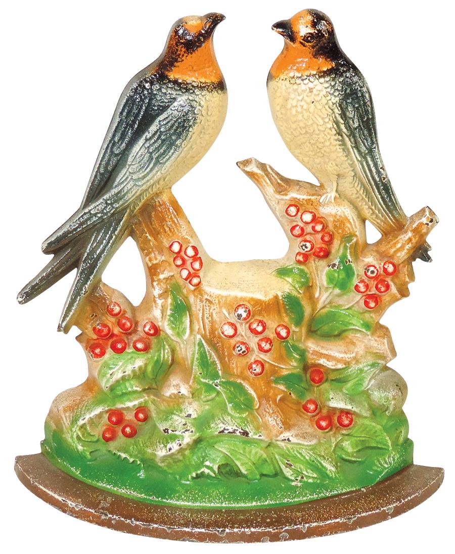 Doorstop, Swallows by Hubley #180, polychrome cast iron, Exc cond & orig paint w/scattered flakes,: Doorstop, Swallows by Hubley #180, polychrome cast iron, Exc cond & orig paint w/scattered flakes, 9.5"H.