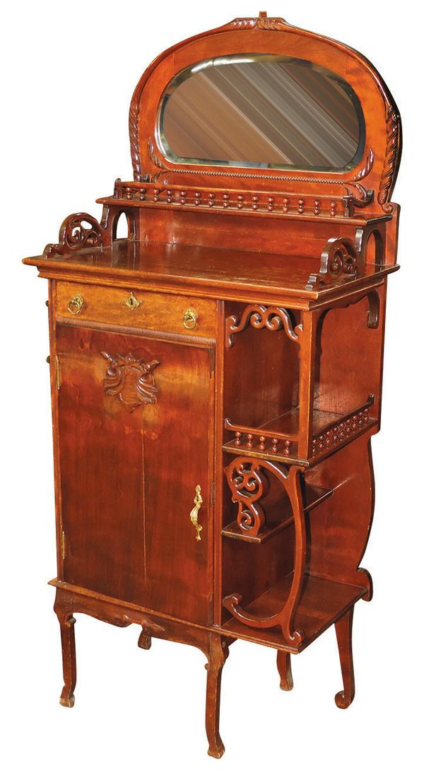 Furniture, Victorian mahogany music stand/Ã©tagÃ¨re, turned rails & scrolled supports w/curio: Furniture, Victorian mahogany music stand/Ã©tagÃ¨re, turned rails & scrolled supports w/curio shelves & kidney shape beveled mirror, VG older refinish, 58"H x 25"W x 14.5"D.