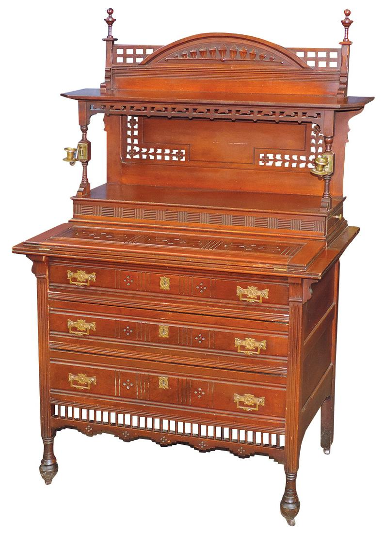 Furniture, Aesthetic Victorian cherry wood writing desk, hinged writing top below swing arm scrolled: Furniture, Aesthetic Victorian cherry wood writing desk, hinged writing top below swing arm scrolled candle holders & side letter boxes, VG cond w/later refinish, 54.5"H x 34"W x 20"D.