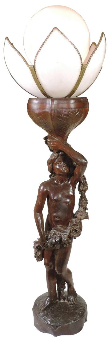 Lighting, Neo-Classic Style nude male table lamp w/wreath, carved mahogany w/white opal petal-form: Lighting, Neo-Classic Style nude male table lamp w/wreath, carved mahogany w/white opal petal-form shade & round globe, Exc working cond, 37"H.