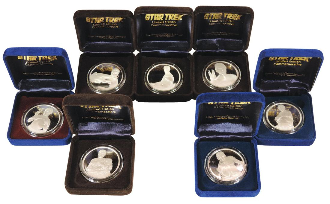 Star Trek Coins (7), Limited Edition Commemorative Series, .999 Sterling Silver w/one Troy once: Star Trek Coins (7), Limited Edition Commemorative Series, .999 Sterling Silver w/one Troy once each, issued 5/89, complete set includes Captain Kirk, Mr. Spock, Ensign Chekov, Dr. McCoy, Mr. Sulu, Sc
