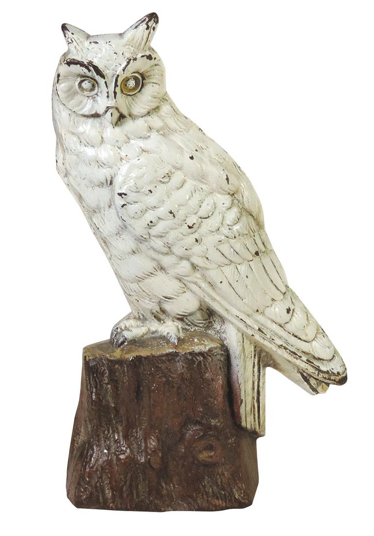 Doorstop, Rare Snowy Owl on Stump, mfgd by Judd Co., cast iron w/impressed monogram & shape # 12 ST,: Doorstop, Rare Snowy Owl on Stump, mfgd by Judd Co., cast iron w/impressed monogram & shape # 12 ST, Exc cond w/VG orig paint, 12.25"H.