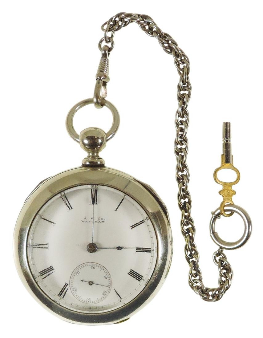 Watch, American Watch Co.-Waltham, Mass, P.S. Bartlett key wind & set, size 14, #1393994 Dueber: Watch, American Watch Co.-Waltham, Mass, P.S. Bartlett key wind & set, size 14, #1393994 Dueber Silverine-Canton, O. silver case #36673, face & case in Exc cond but does not run, comes w/silver chain