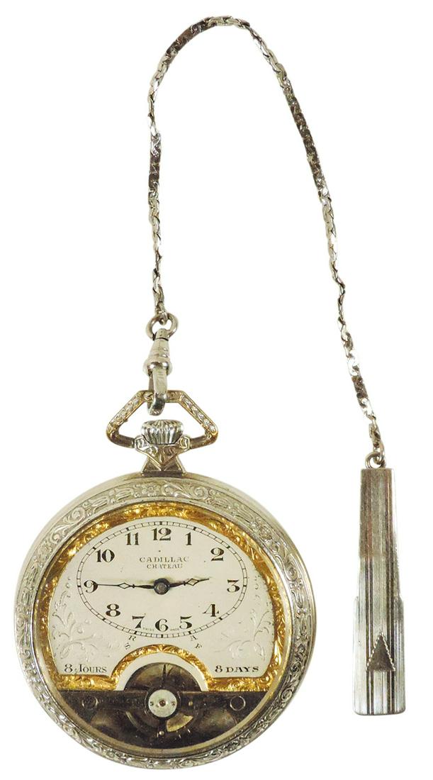 Watch, Art Deco Cadillac Chateau, Krysler, Swiss key wind & set, 6 Jewels, 8 day, size 14, face: Watch, Art Deco Cadillac Chateau, Krysler, Swiss key wind & set, 6 jewel, 8-day, size 14, face w/gold engraved trim & open escapement, silver-plated case w/engraved circular border, comes w/chain & ve