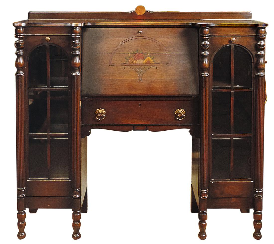 Furniture, "The Daisy Line" dark walnut drop-front secretary/bookcase w/side shelves, mfgd by: Furniture, "The Daisy Line" dark walnut drop-front secretary/bookcase w/side shelves, mfgd by Peterson Art Furniture Co.-Faribault MN, c.1925, Exc cond w/orig finish, 44"H x 47"W x 14"D.