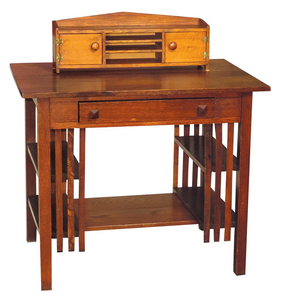 Furniture, Arts & Crafts Era Writing Desk & Letter Box, Mission style quarter sawn oak w/side: Furniture, Arts & Crafts Era Writing Desk & Letter Box, Mission style quarter sawn oak w/side bookshelves & drawer w/hinged writing top & inkwell surmounted by an associated letter box w/hinged doors,