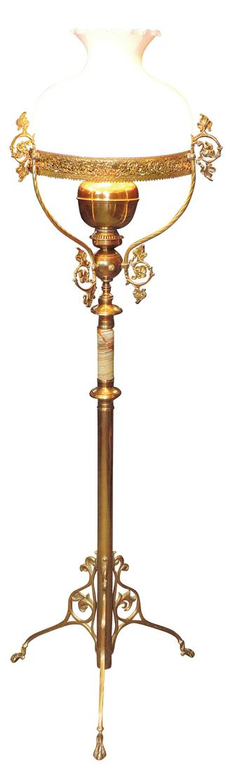 Lighting, Victorian Style Piano Lamp, cast brass & onyx w/opal shade, VG working cond, 63"H x 17"W.: Lighting, Victorian Style Piano Lamp, cast brass & onyx w/opal shade, VG working cond, 63"H x 17"W.